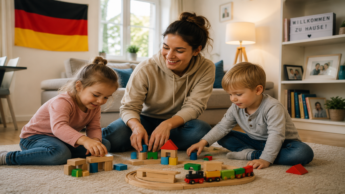 Au-Pair with children in Germany living room with German flag