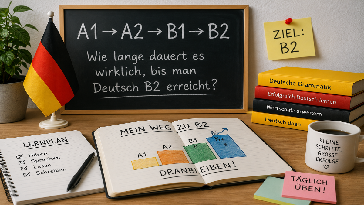 A1 to B2 study desk with German language books, blackboard and learning plan