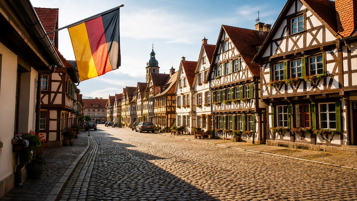 German town with half-timbered houses and German flag — a typical destination for Ausbildung candidates from India