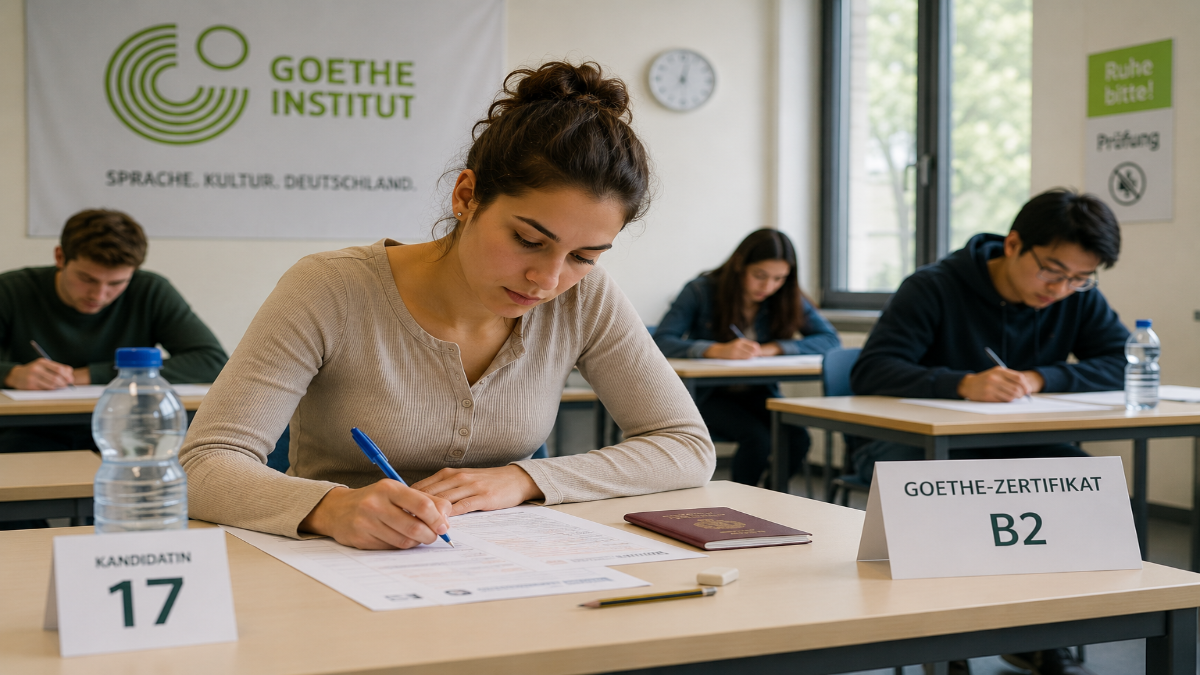 Student sitting Goethe-Zertifikat B2 exam at examination centre