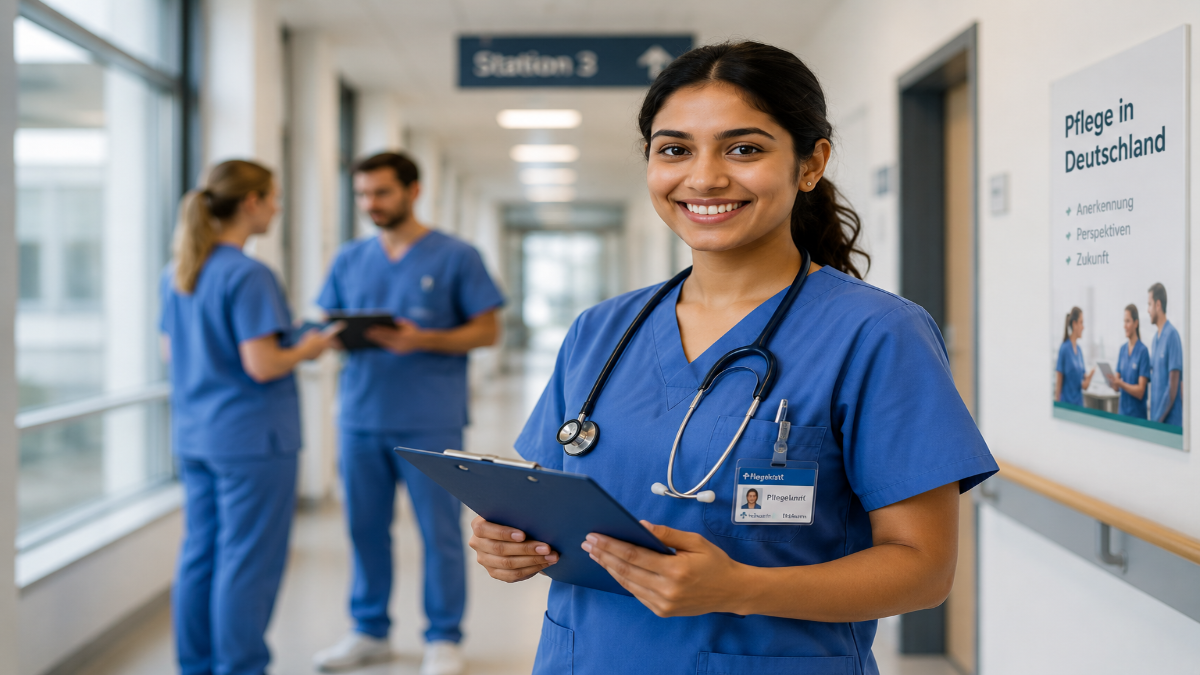Indian nurse working in a German hospital corridor