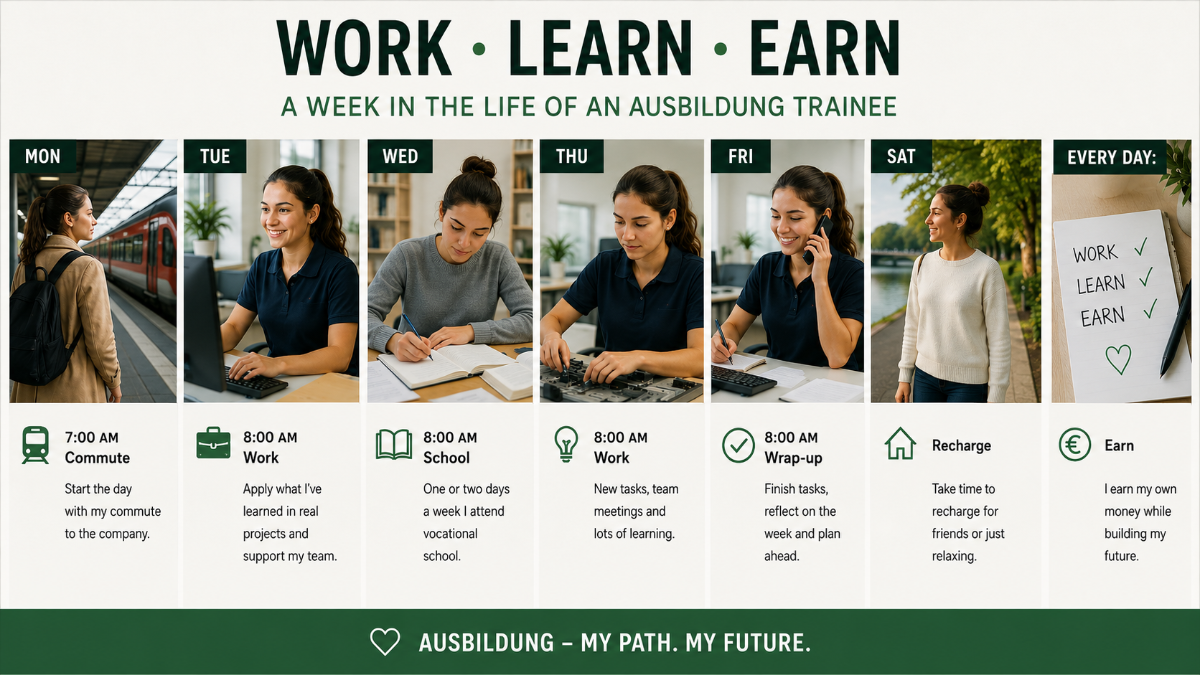 Work Learn Earn weekly infographic for Ausbildung trainees